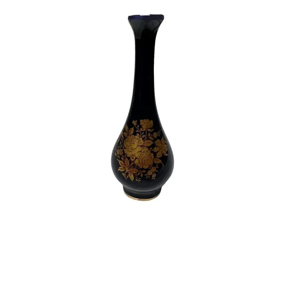 Vintage Limoges Castel France Porcelain Miniature Cobalt Blue & Gold Vases